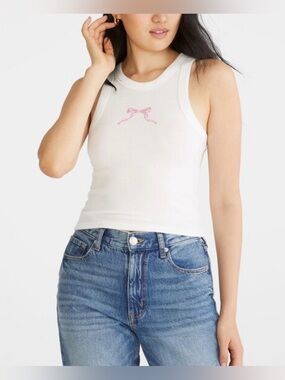 Aeropostale Bow High-Neck Cropped Waffle Tank White Pink Size Medium